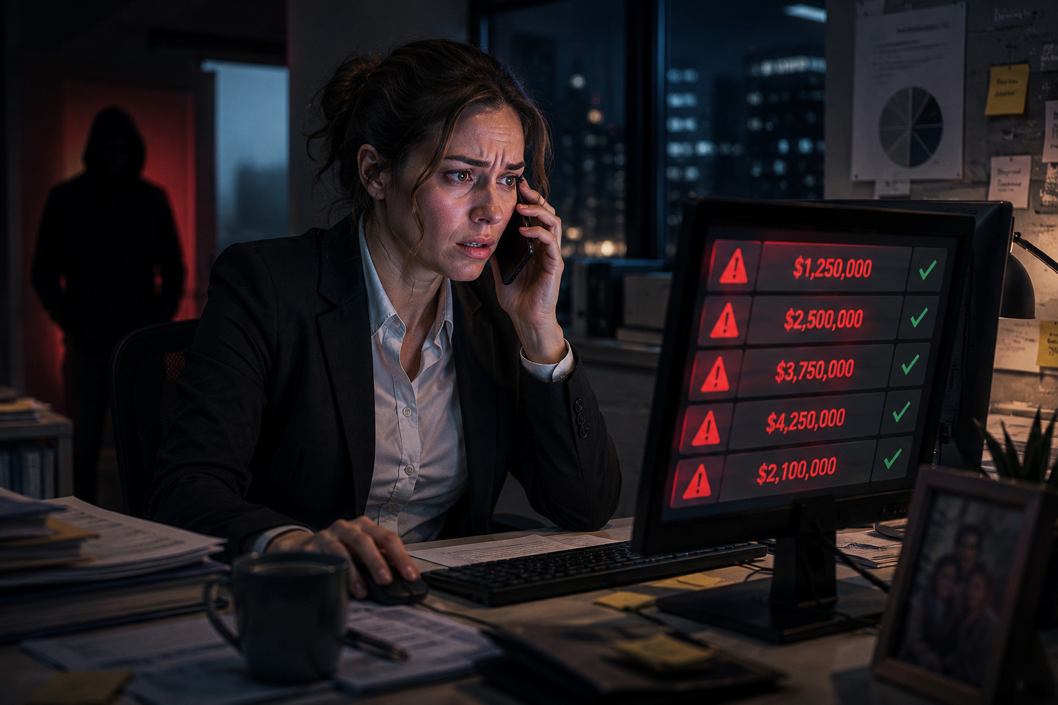 Stressed HR employee approving large financial transactions under pressure, illustrating CEO fraud, social engineering attacks and business email compromise scams.