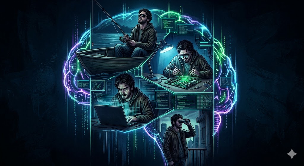 Composite illustration of a hacker engaging in hacking, phishing, surveillance with binoculars, and electronic device intrusion, representing cybersecurity across systems, data, users, and context