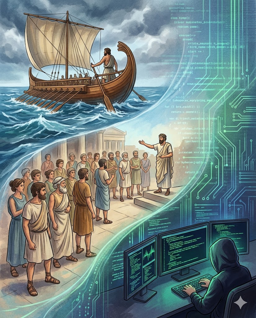 Three-part illustration showing a boat pilot steering a ship, a leader governing people, and a hacker manipulating systems, representing the origin and meaning of the prefix cyber.