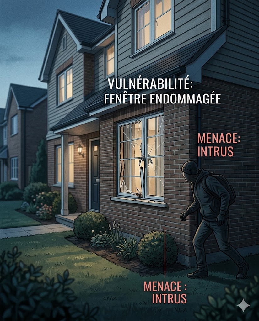 Burglar circling a house with a broken window, illustrating cybersecurity concepts of vulnerability and threat in physical security analogies