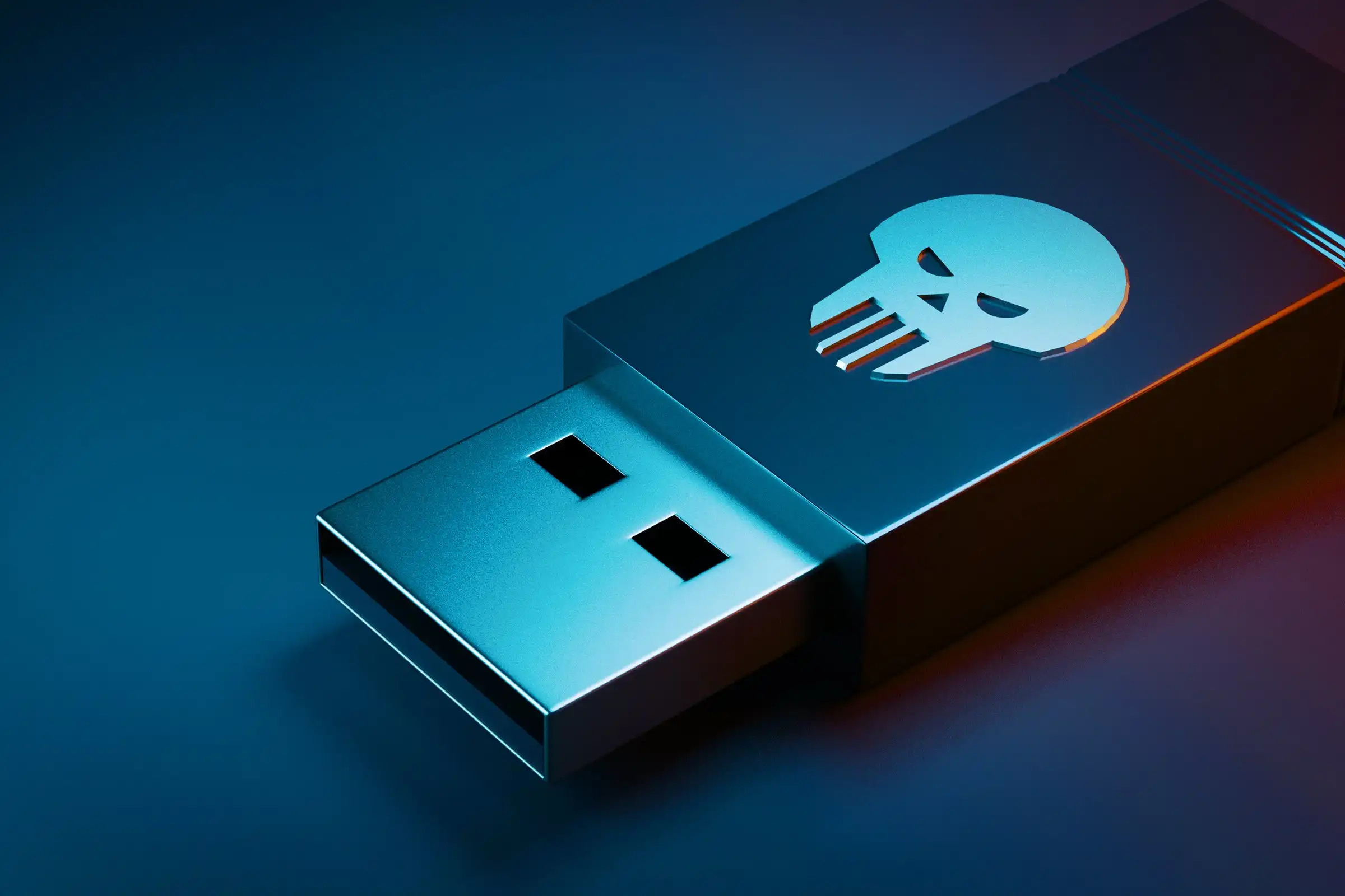 Suspicious hacker USB drive plugged into computer, highlighting cybersecurity risks of unknown external devices and removable media.