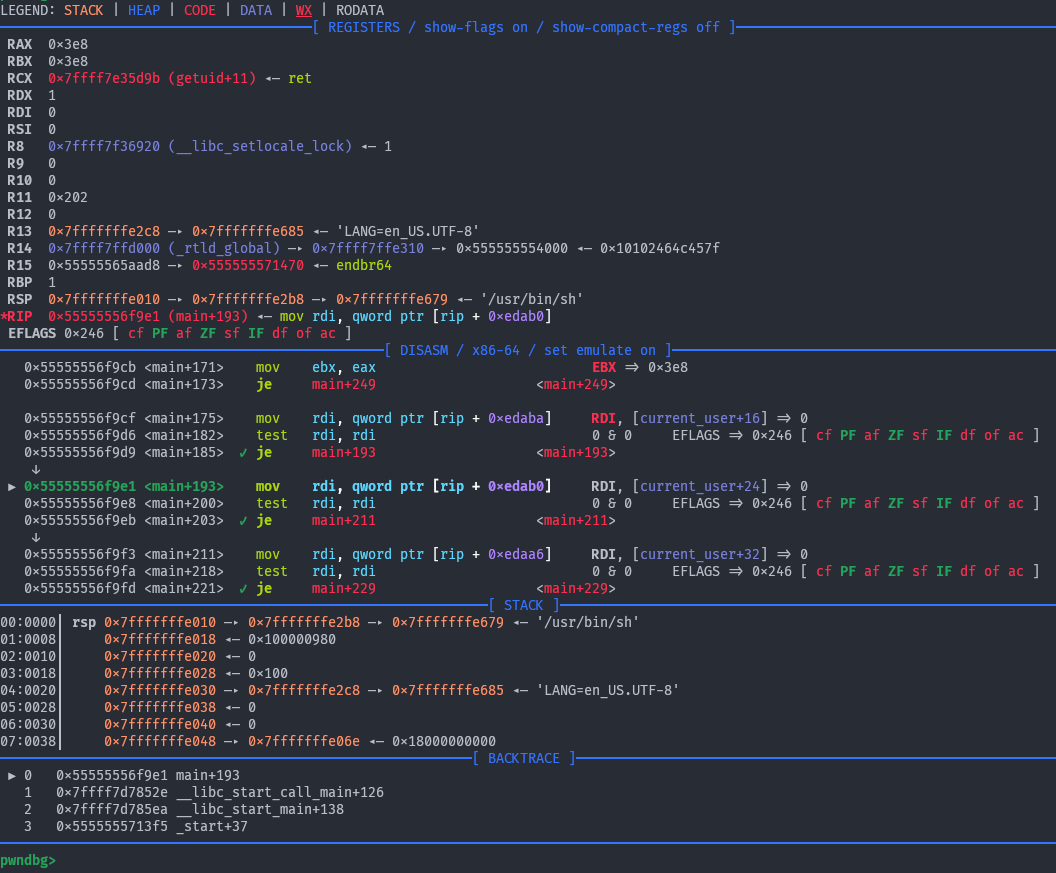 Pwndbg GDB debugger view displaying raw binary data in memory, used for cybersecurity reverse engineering and system vulnerability exploitation