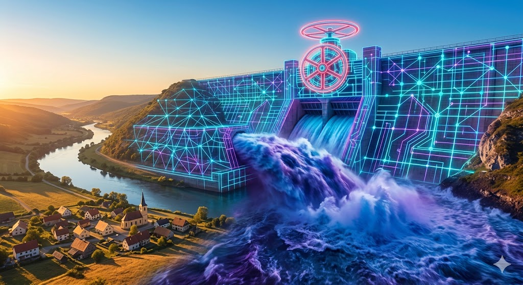 Connected dam system opening massive valve causing giant flood wave toward village after cyberattack.