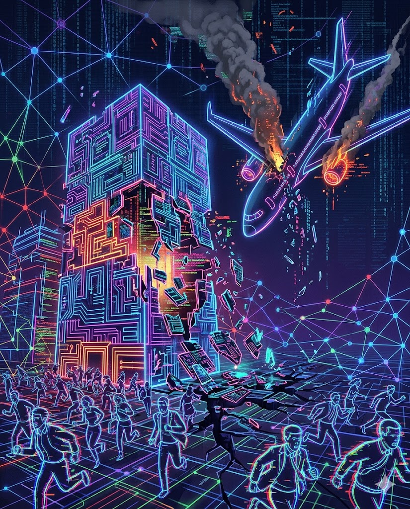 Cyber crisis scene with collapsing digital infrastructure, crashing airplane, falling skyscraper and panicked crowds, illustrating large-scale cybersecurity disruption.
