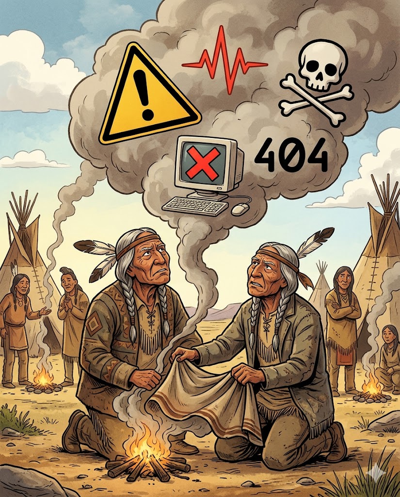 Person using smoke signals with cyber warning symbols after IT outage, illustrating communication challenges without computers and digital systems.