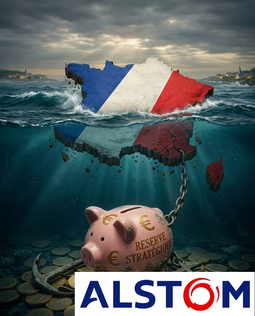 France sinking into the ocean pulled by piggy bank anchor symbolizing cyber warfare, economic crisis and national cybersecurity threats.