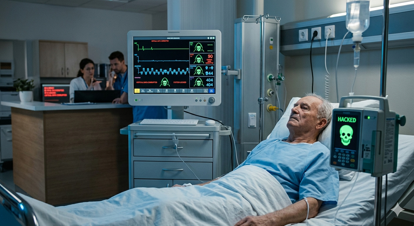 Hacked hospital system interface illustrating how cybersecurity breaches can impact critical healthcare infrastructure affecting everyone