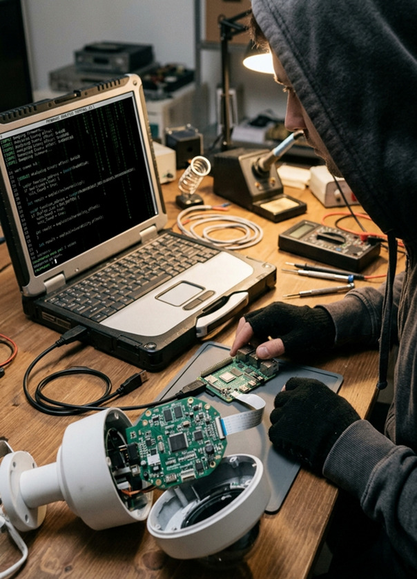 Hacker accessing surveillance camera hardware and using a terminal to identify and exploit system vulnerabilities