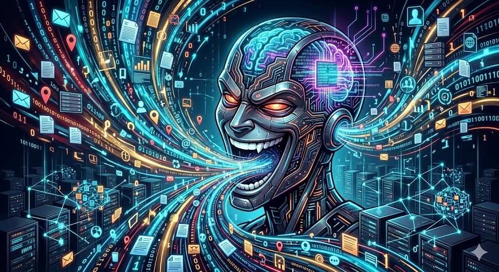 Malicious-looking AI digital brain consuming massive amounts of data, illustrating artificial intelligence data collection, privacy risks and cybersecurity concerns.