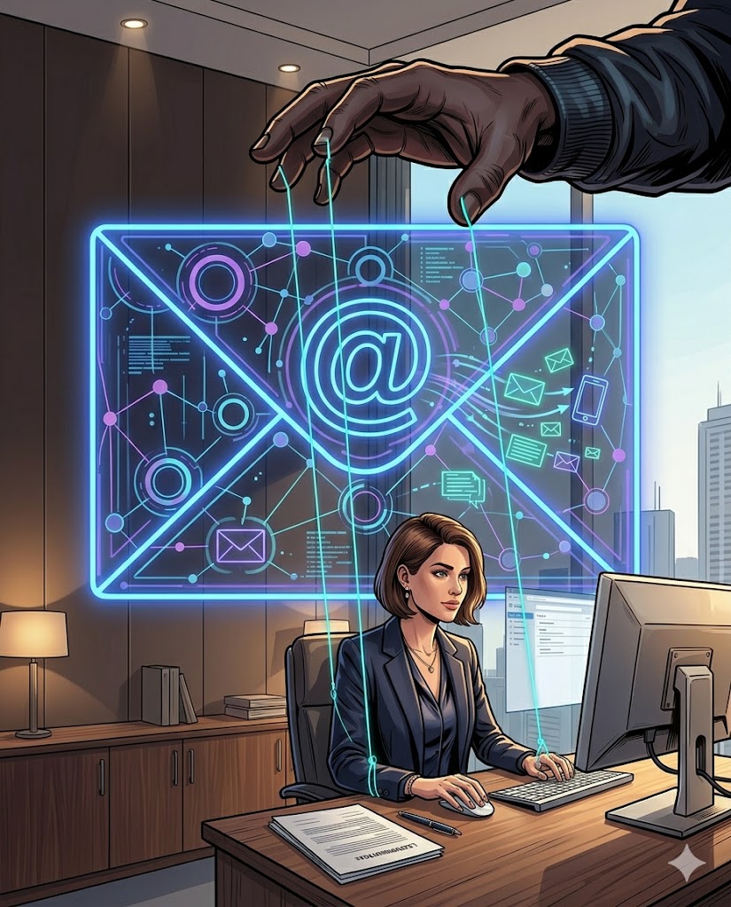 Lawyer puppet manipulated by unseen hand with neon network envelope representing cybersecurity manipulation