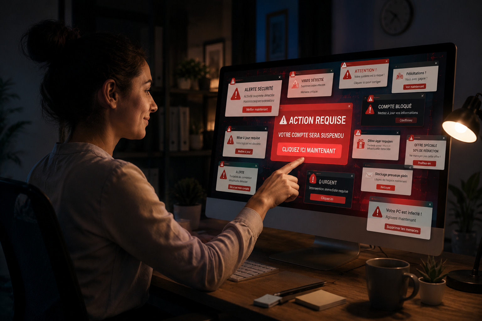 User clicking multiple urgent security notifications without verification, illustrating alert fatigue, phishing risks and dangerous cybersecurity habits.