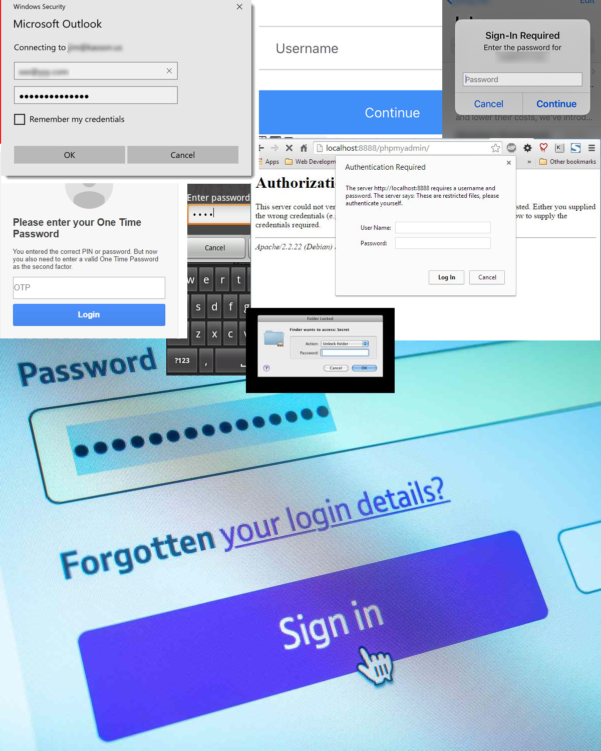 Multiple password prompts across digital interfaces, illustrating how passwords control access to various cyber systems and accounts.