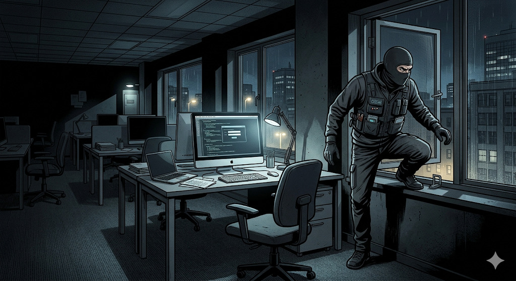 Cybercriminal entering through a window to compromise a computer and infiltrate the entire company network, illustrating cybersecurity breach risks and unauthorized access.