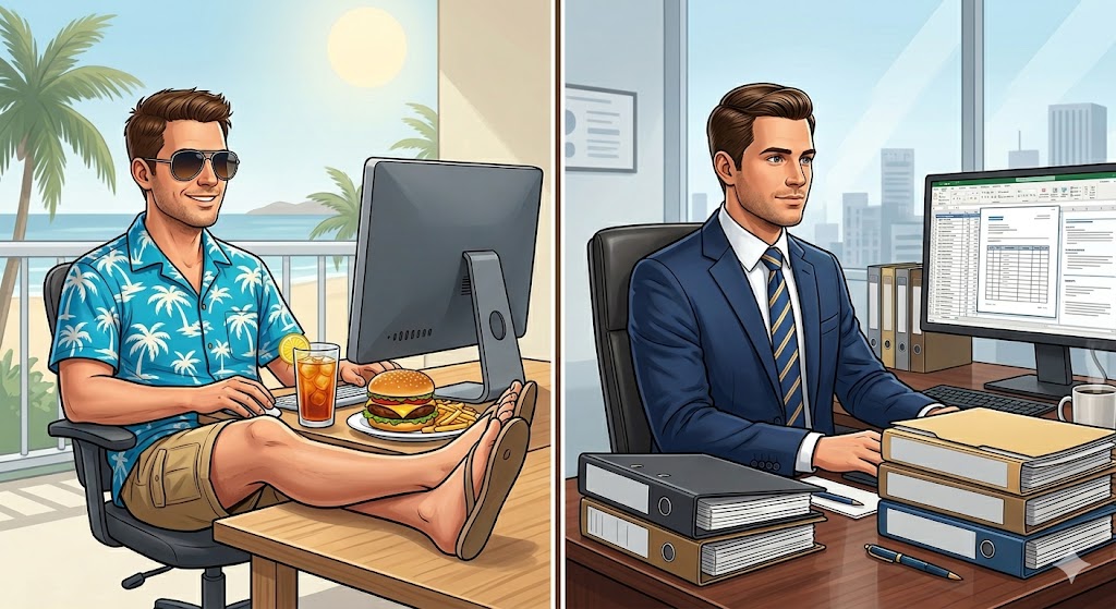 Split-screen comparison of personal and professional computer use, highlighting the importance of separating work and private environments for better cybersecurity.
