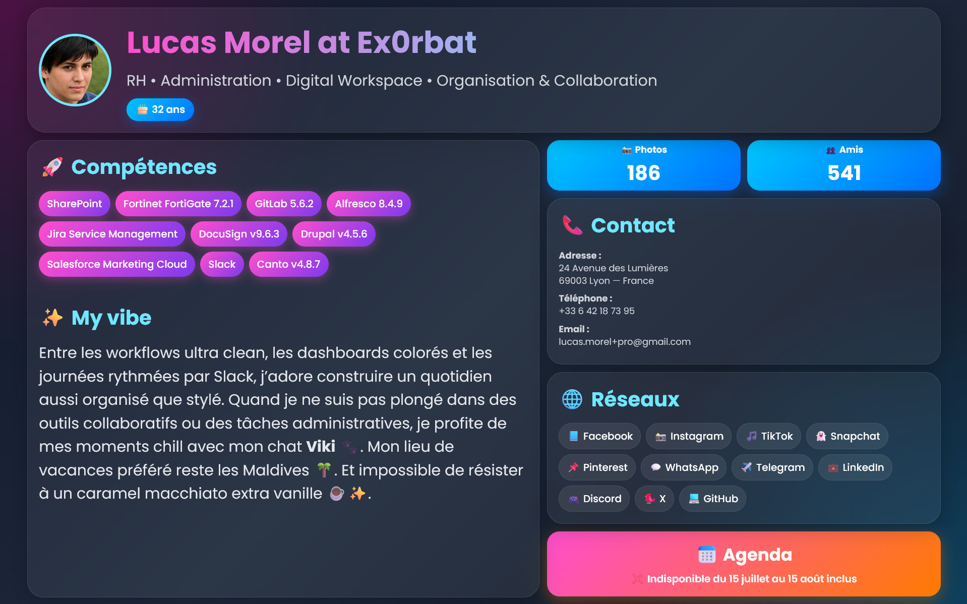 Public employee profile page displaying detailed company technologies, vacation dates, email addresses, and phone numbers, illustrating an open-source intelligence (OSINT) information source valuable for attackers.