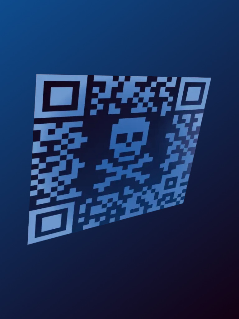 Malicious QR code with hacker skull symbol, illustrating QR phishing attacks, cybersecurity threats and fraudulent links used by cybercriminals.