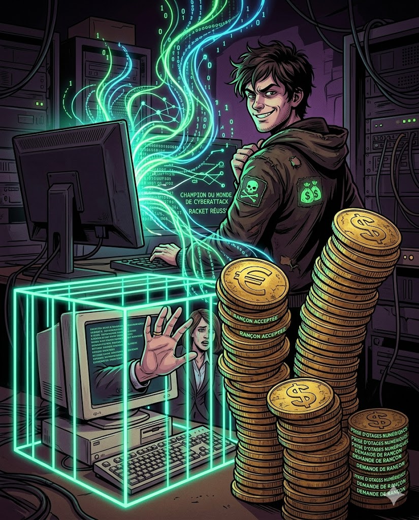 Smiling hacker casting digital prison on employee computer, demanding ransomware payment through encrypted hostage-taking and cyber extortion.