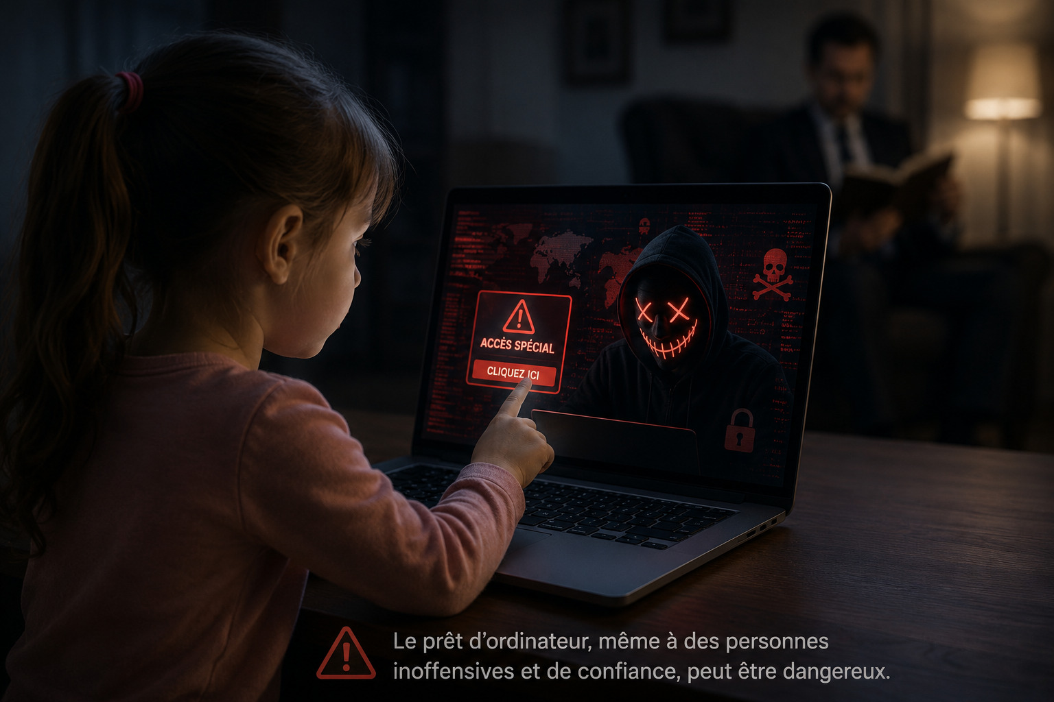 Child using a work computer and clicking a malicious link while employee is distracted, illustrating cybersecurity risks of sharing professional devices with family members.
