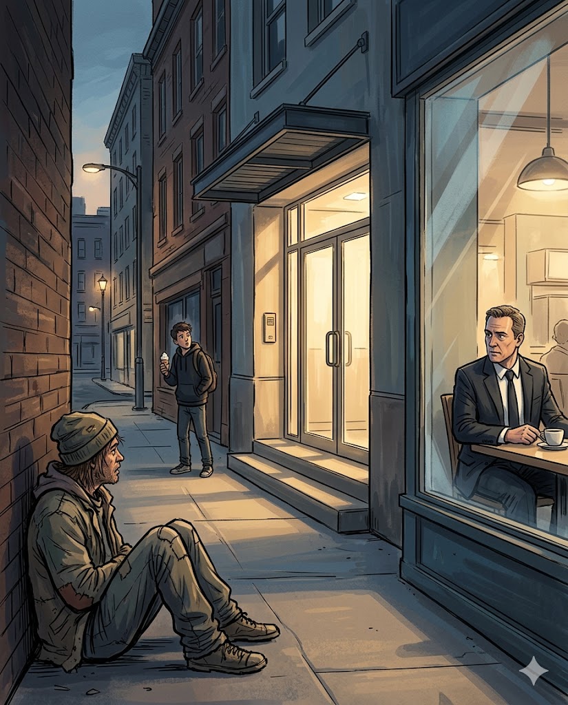 Three individuals disguised as a businessman in a restaurant, a homeless person, and a teenager eating ice cream covertly observing a corporate building to gather information for reconnaissance and social engineering.