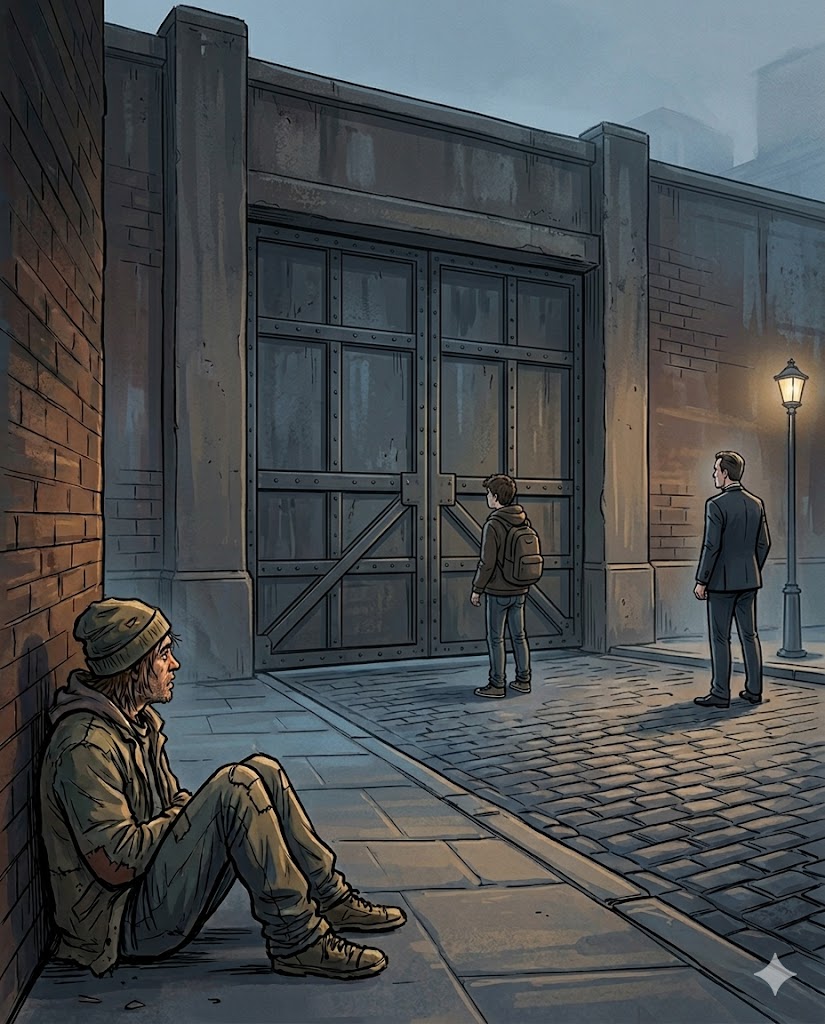 Three individuals: a businessman, a homeless person, and a teenager; attempting to observe a large secured gate behind a high fence, showing failed reconnaissance due to effective perimeter security preventing visual access