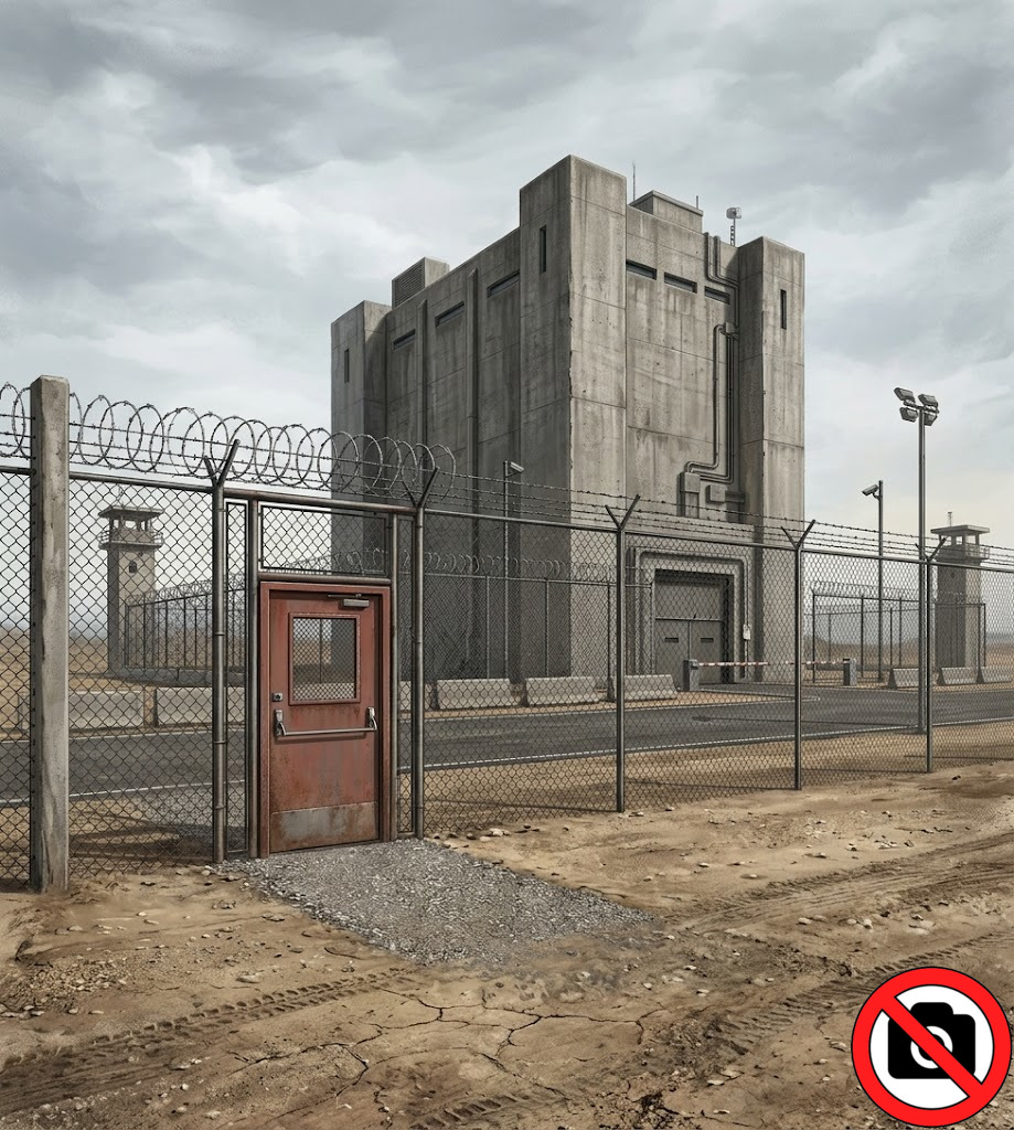 Emergency exit gate in the perimeter fence of a highly secured facility, illustrating a critical physical security vulnerability and potential unauthorized access point.