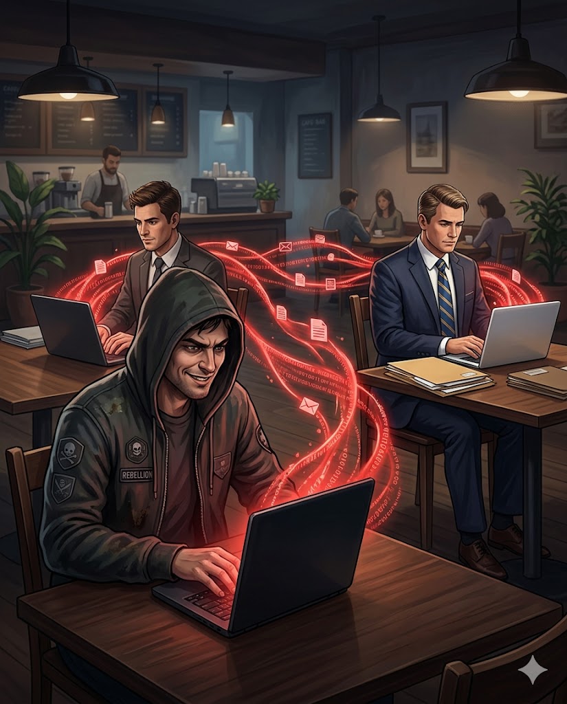 Hacker intercepting data from business professional on public Wi-Fi in a café, illustrating cybersecurity risks of unsecured public networks and data theft.