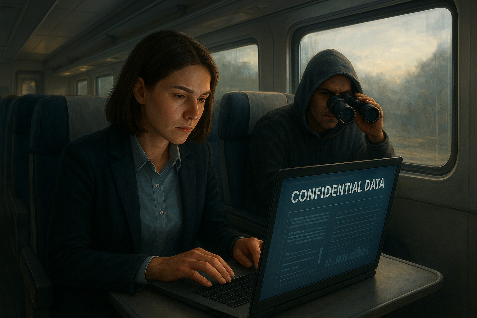 Hacker spying on confidential laptop data in a train using binoculars, illustrating shoulder surfing risks and the dangers of handling sensitive information in public places.