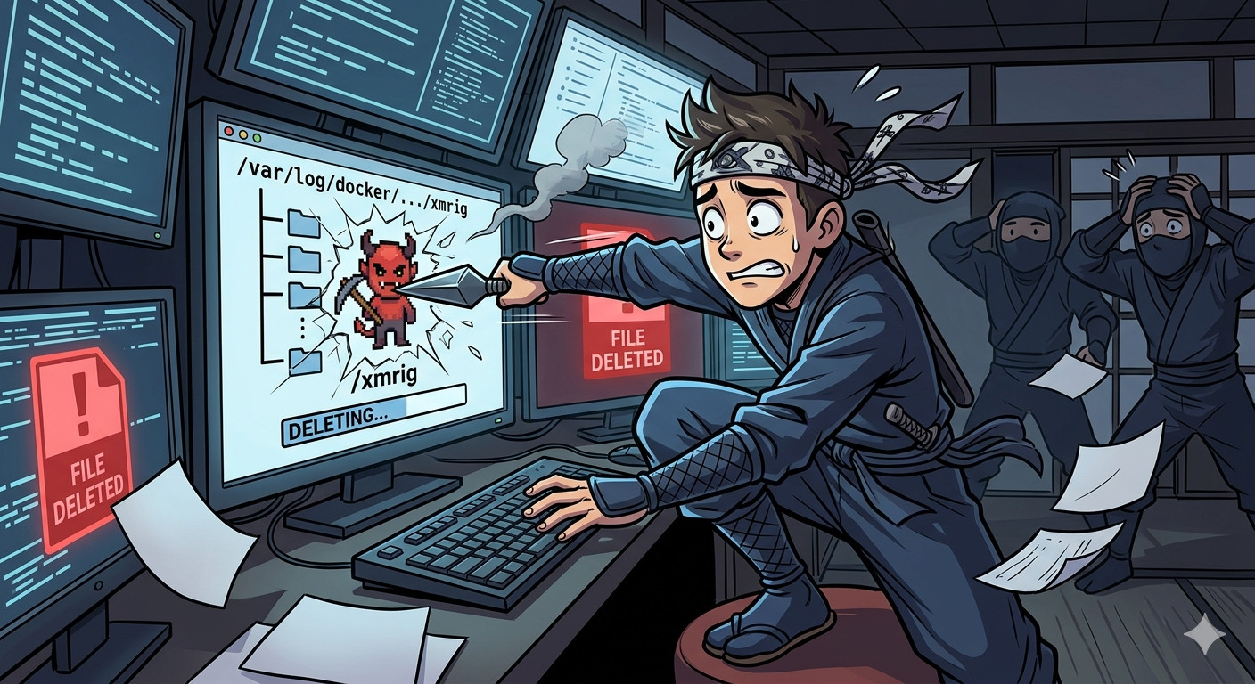 An analyst SOC remove a malware on alert represented by a little ninja on a computer