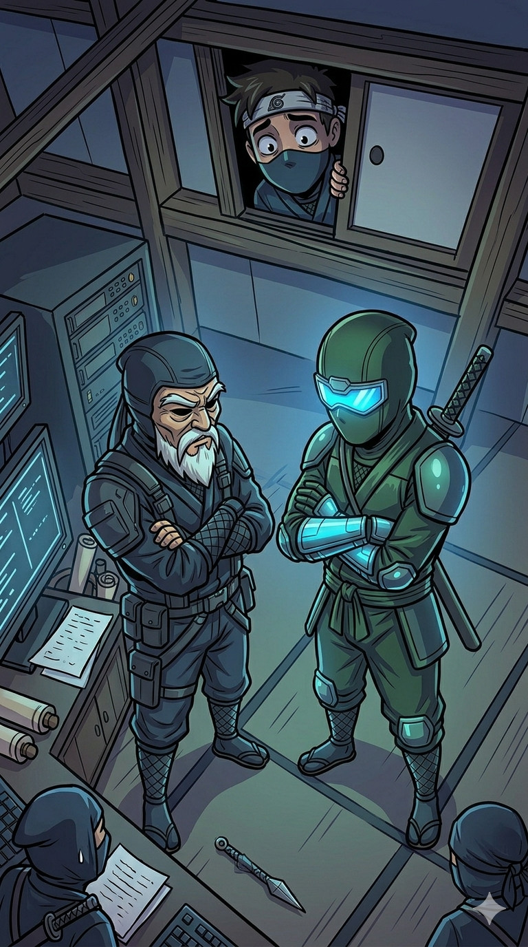 A cybersecruity expert reporting incident response to SOC manager and an intern listening the conversation represented by ninjas