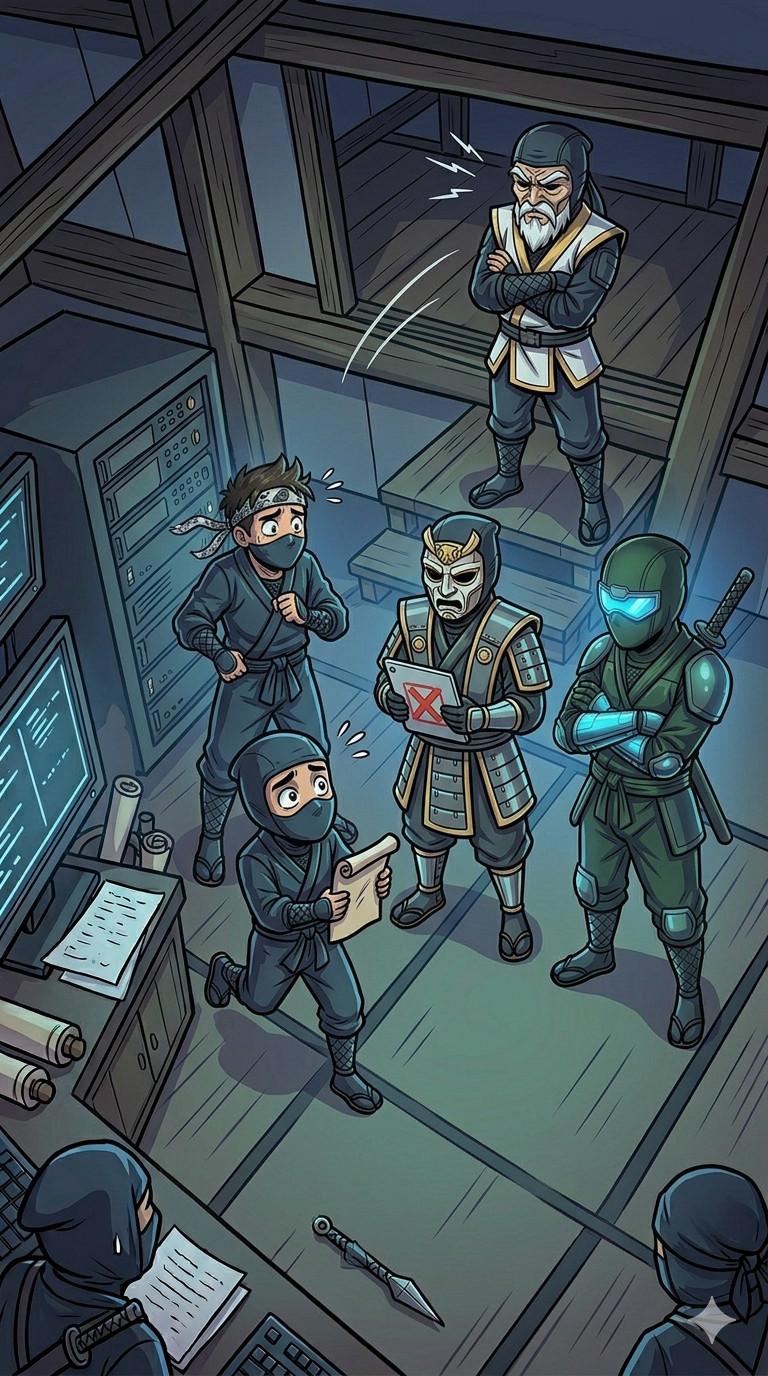 An intern reporting incident response in security meeting represented by ninjas