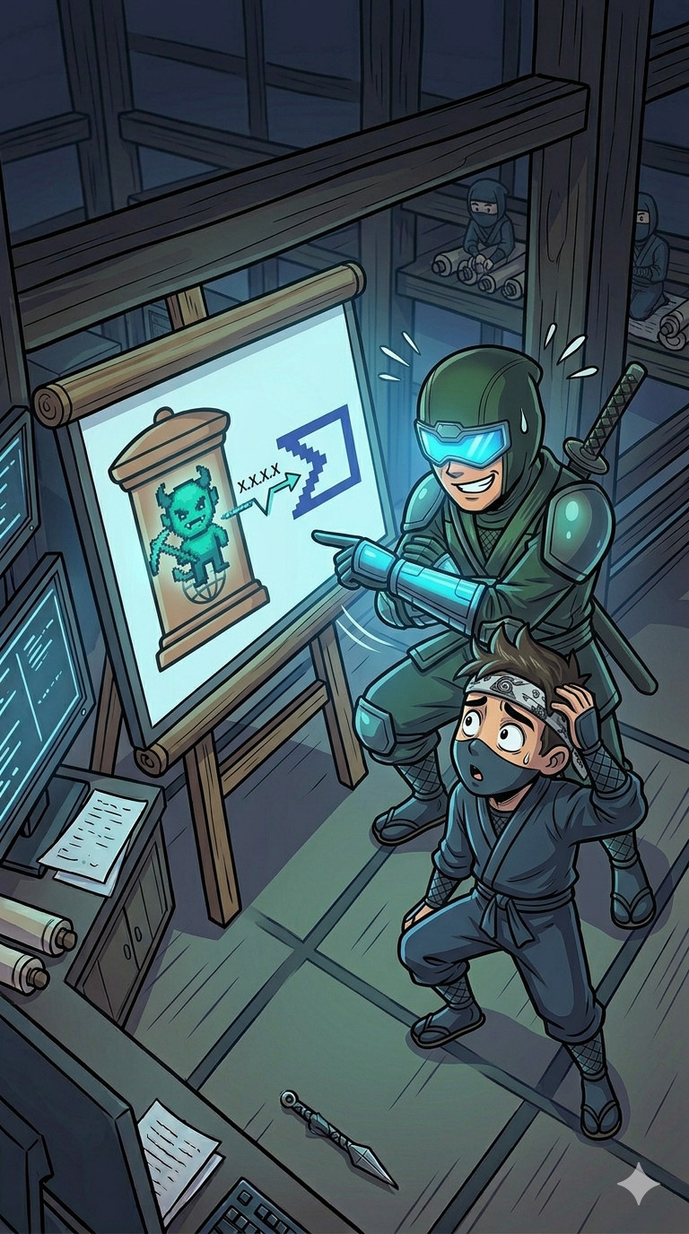 A cybersecurity expert show a network connection to intern represented by ninja