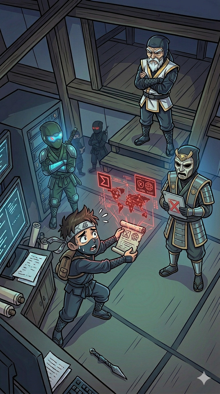 An intern announces problem to the cybersecurity team represented by ninjas