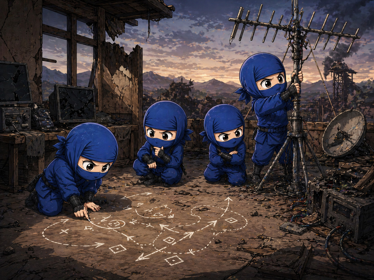 Blue ninjas improvising incident response with manual planning and antenna repair after system failure illustrating resilience and fallback communication strategy