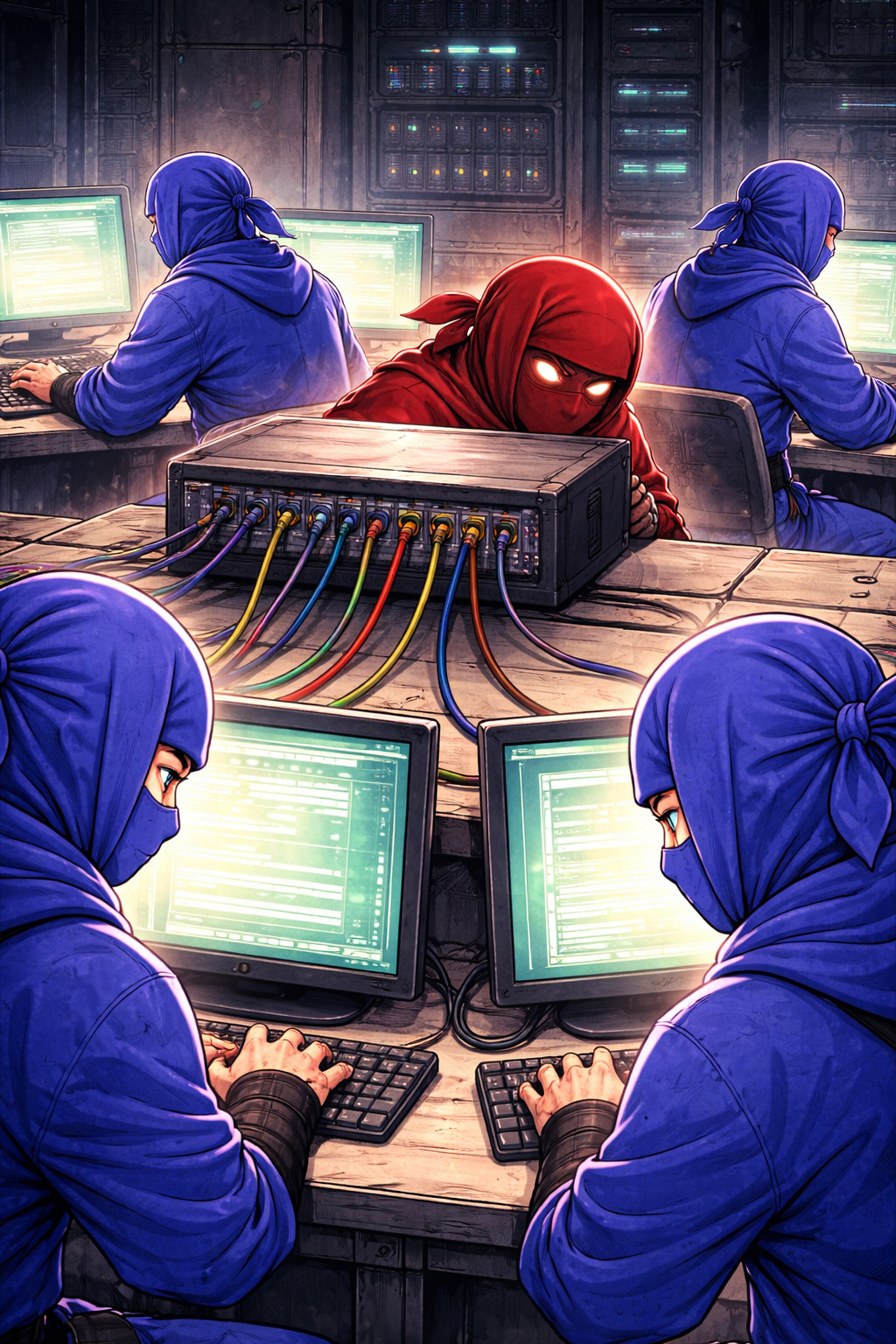 Red ninja hiding at network switch monitoring blue users illustrating network-based pivoting in incident response
