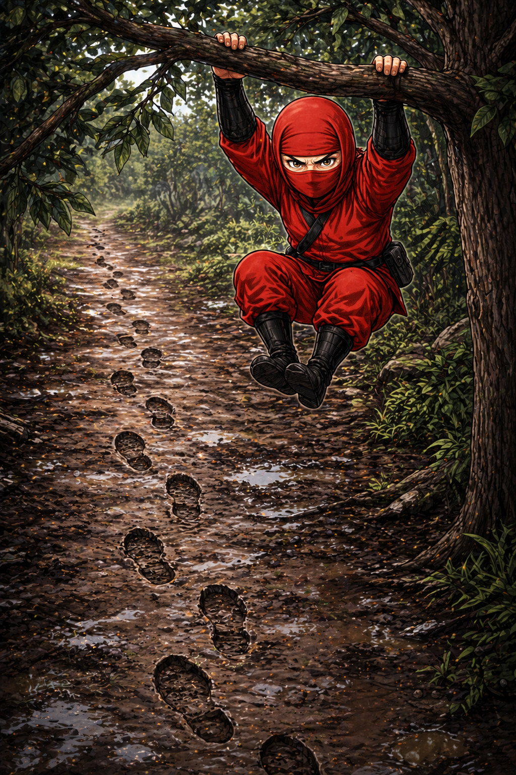 Red ninja creating footprints then avoiding new ones by moving through branches illustrating log manipulation and unreliable forensic traces in incident response