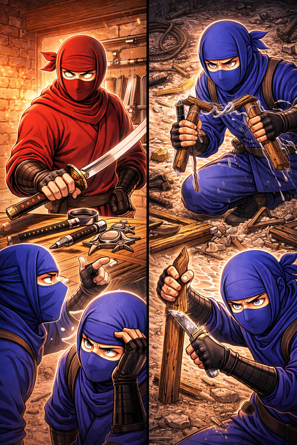 Blue ninjas struggling to craft basic wooden weapons while red ninja holds advanced arsenal illustrating defenders lagging behind well equipped attackers in incident response