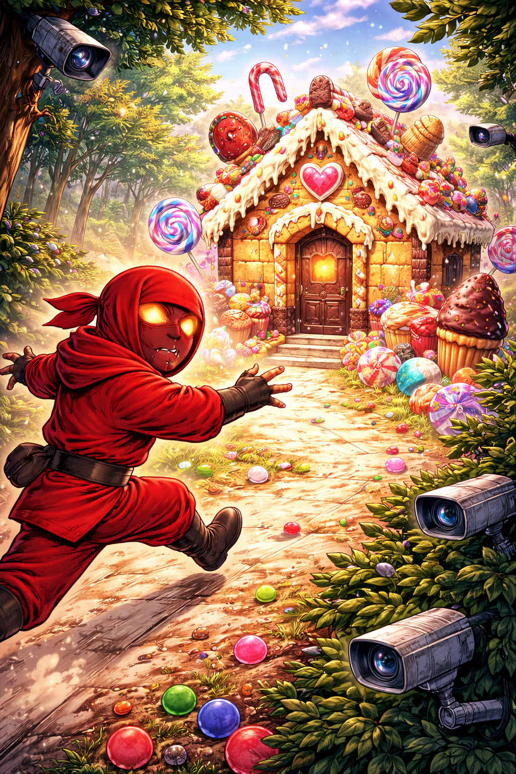 Red ninja lured into a candy house honeypot under surveillance cameras illustrating deception and threat detection in cybersecurity