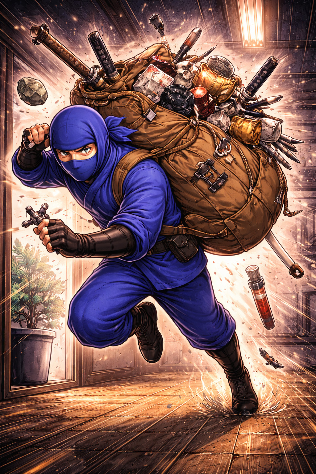 Blue ninja collecting all artifacts into an oversized overflowing backpack illustrating evidence collection in incident response