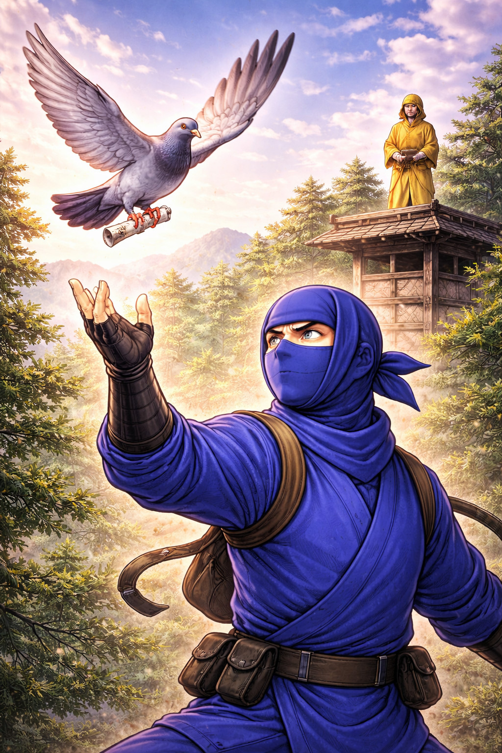 Blue ninja sending a messenger pigeon to a wise yellow ninja representing governance, illustrating structured communication planning in incident response