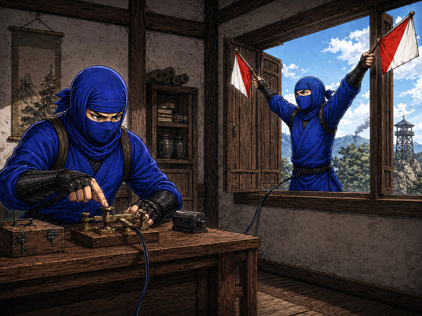 Blue ninjas using different communication channels like telegraph and semaphore illustrating choosing the right communication method for each situation in incident response
