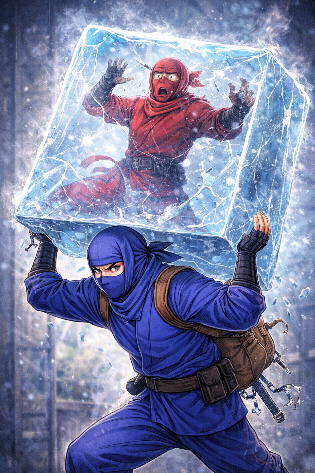 Blue ninja containing a frozen red ninja in ice block illustrating immobilization and incident response containment