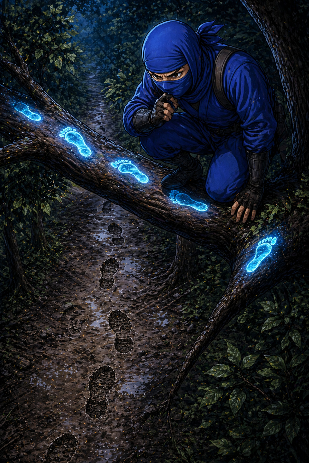 Blue ninja analyzing reliable footprints traces on ground and tree illustrating disk forensic analysis and trustworthy evidence in incident response