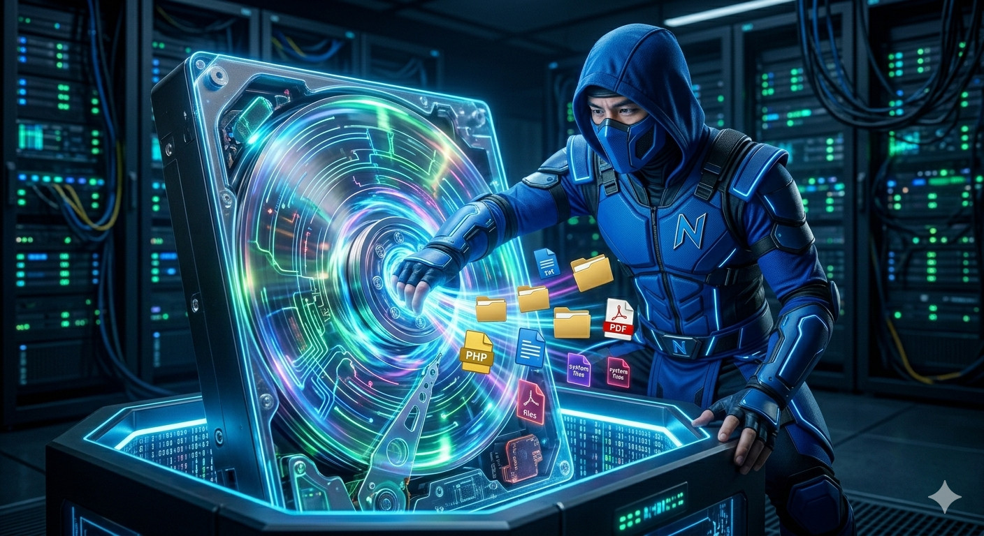 Blue ninja extracting raw, trustworthy data files directly from a giant electronic hard drive, symbolizing deep disk forensic analysis for reliable evidence gathering.