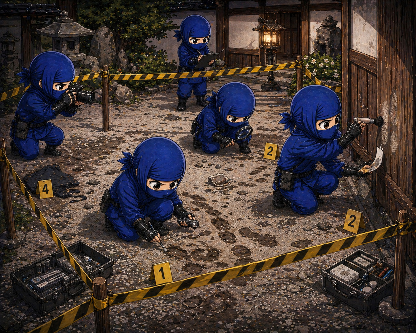 Blue ninjas performing forensic investigation at a crime scene collecting fingerprints and analyzing evidence illustrating structured evidence collection in incident response