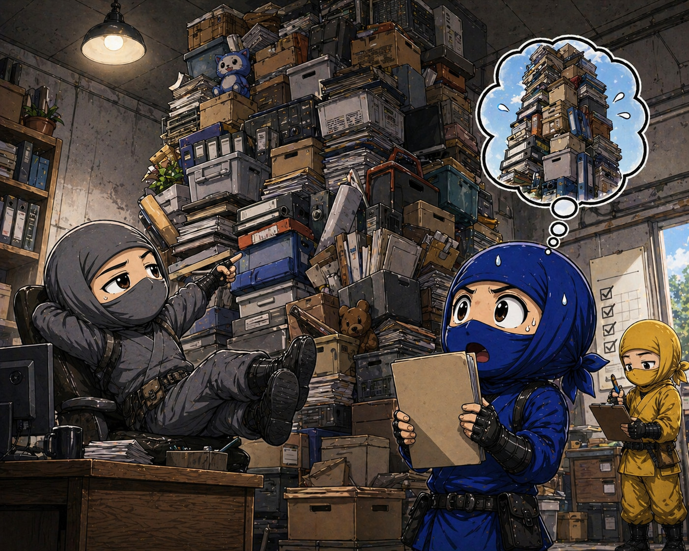 Blue ninja overwhelmed by massive disorganized storage while administrator gives impractical instruction and governance validates illustrating poor implementation of requirements