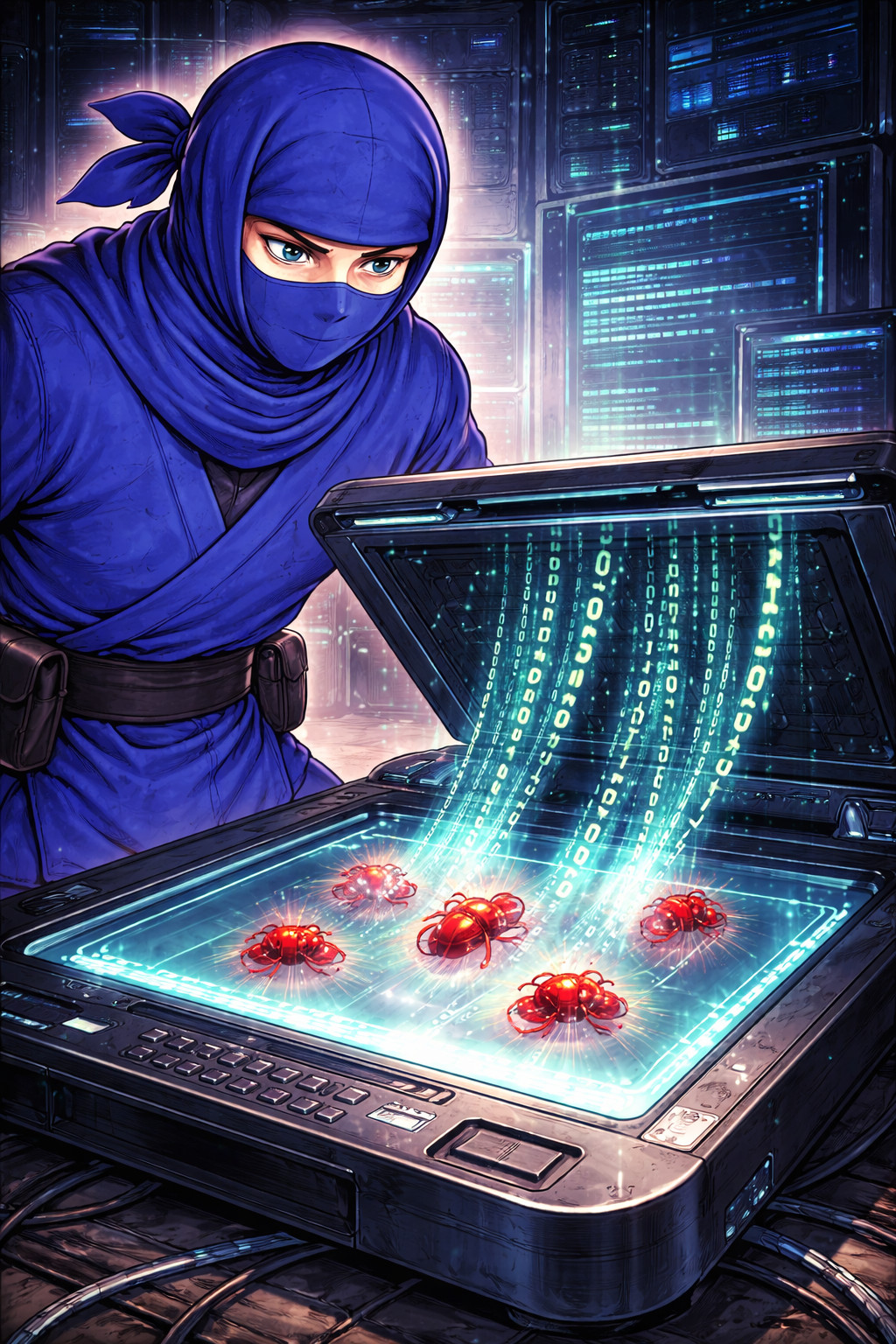 Blue ninja scanning malware transforming into binary code illustrating automated malware analysis and reverse engineering