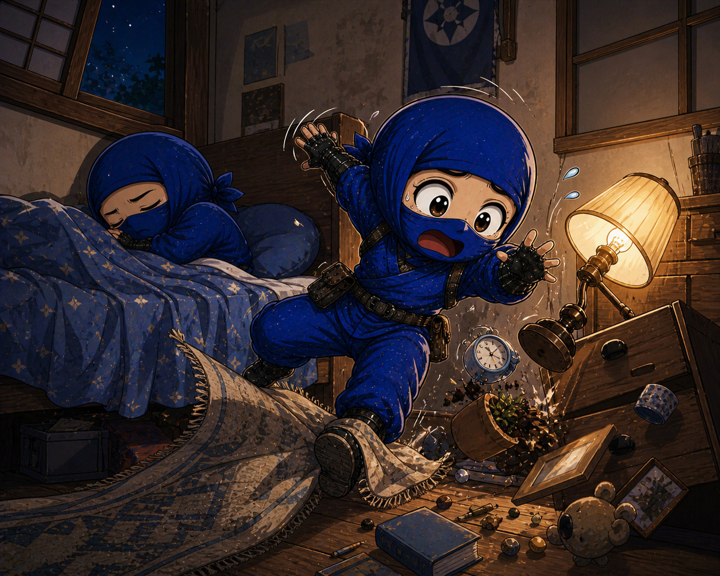 Exhausted blue ninjas in a bedroom showing fatigue and stress with one sleeping deeply and another falling after tripping and causing accidental disruption illustrating loss of control under pressure