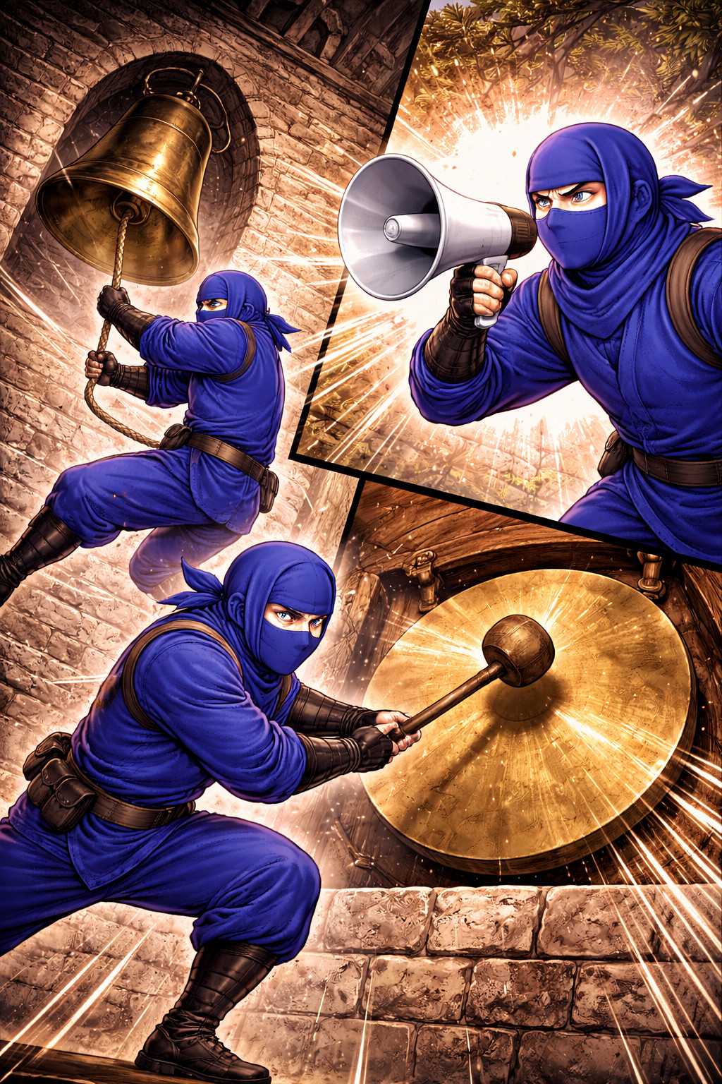 Blue ninjas sounding gong ringing bell and using loudspeaker to broadcast a complete alert illustrating initial incident communication and rapid notification