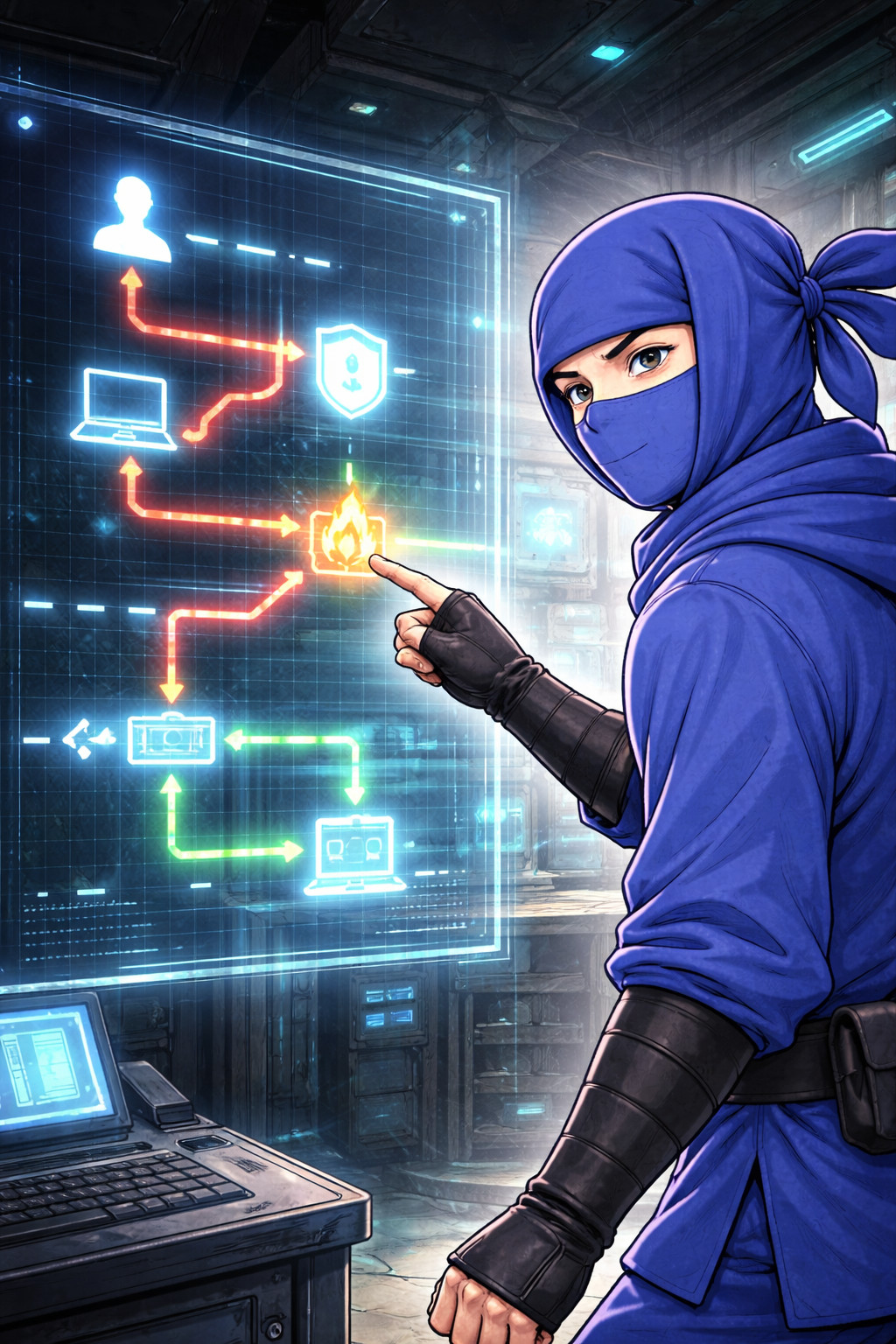 Blue ninja analyzing a network attack path in a holographic diagram to trace incident source and attacker movement