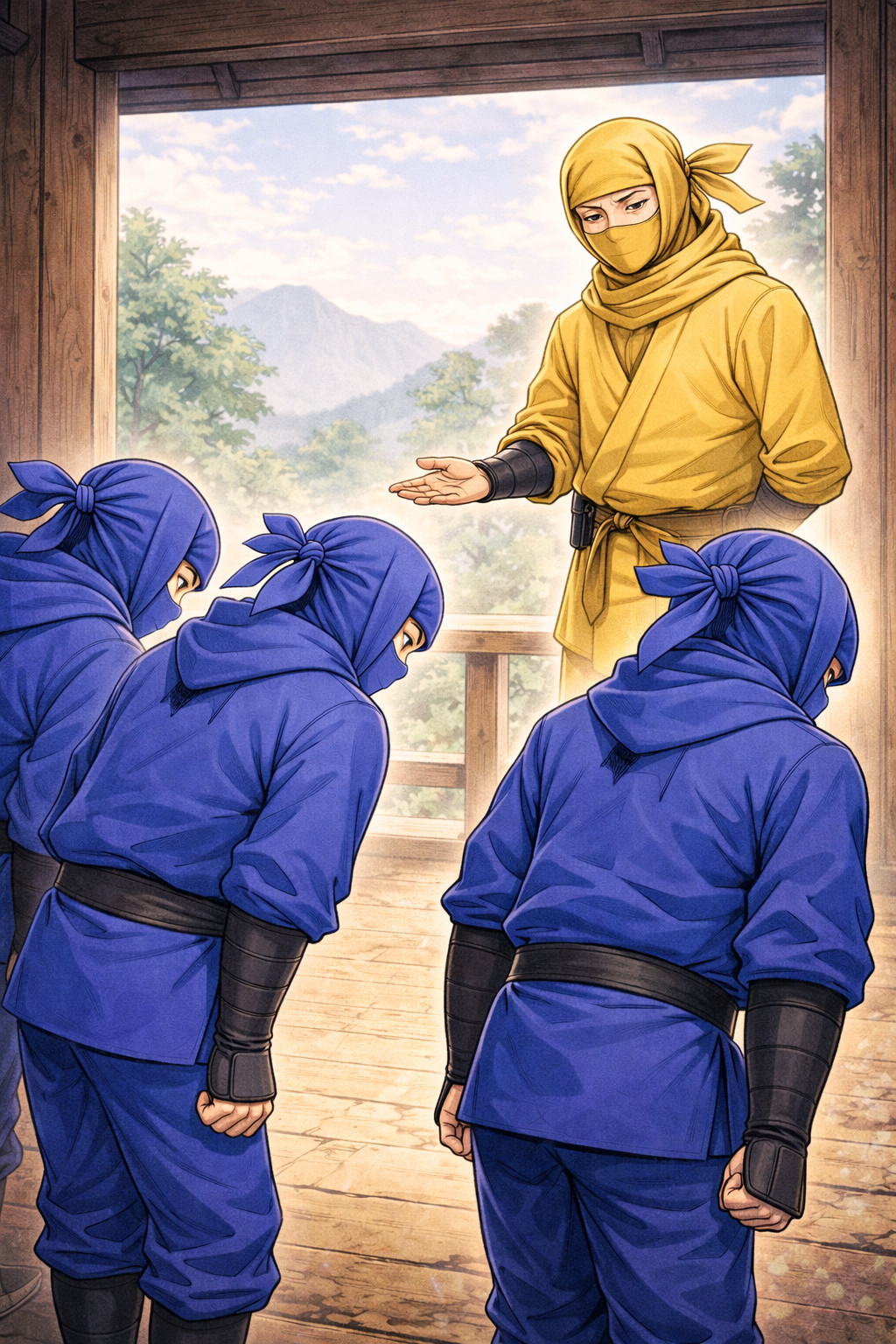 Blue ninjas bowing to a wise yellow master illustrating SOC governance, leadership, and responsibility in incident response